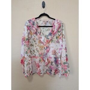 Philosophy Republic Clothing Floral Ruffle V Neck Long Sleeve Sheer Blouse M